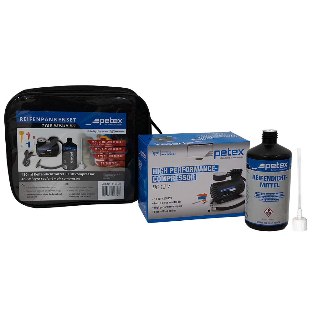 Reifenpannenset
inkl. Luftkompressor 12V, 18 bar, inkl. 3-tlg. Adapterset und...