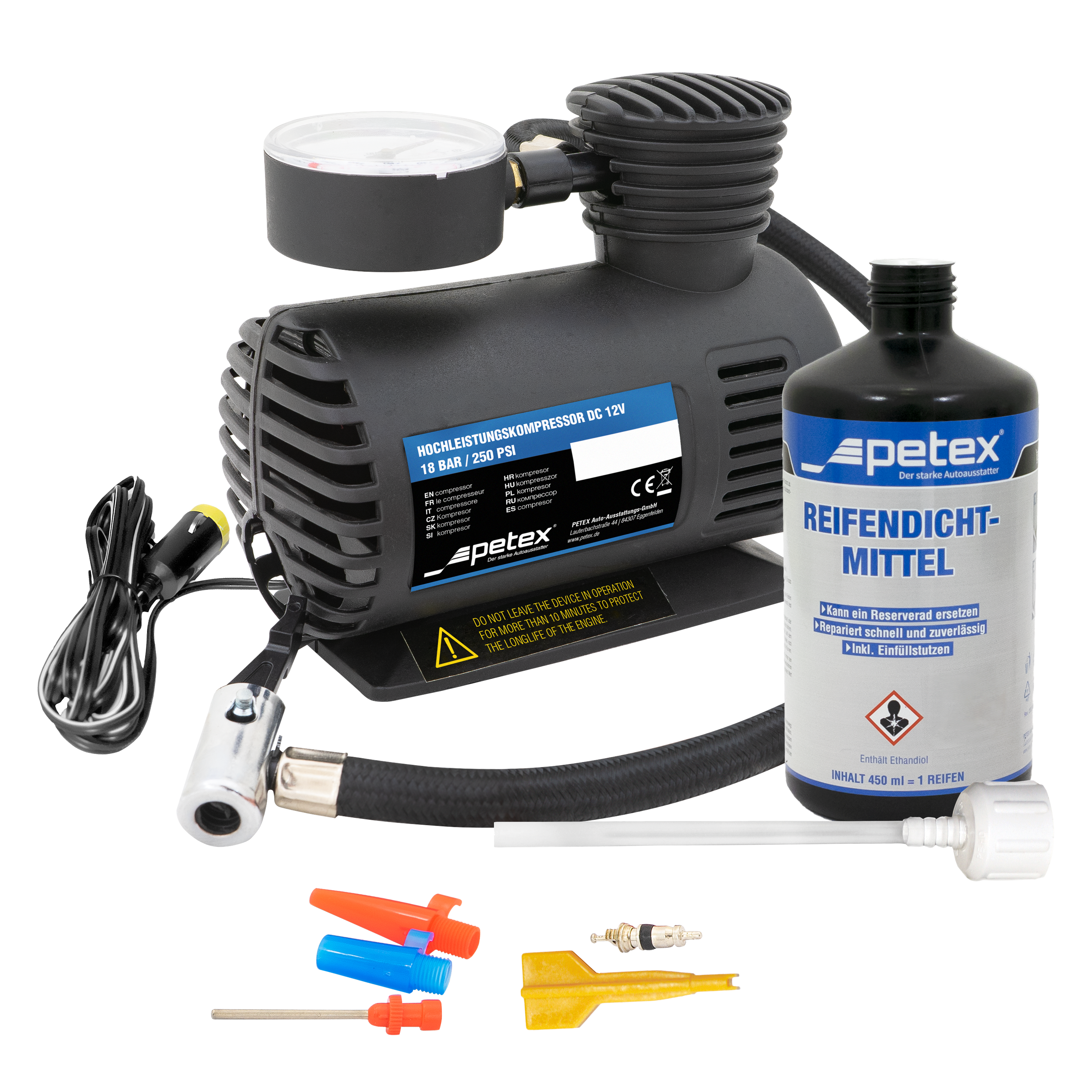 Reifenpannenset
inkl. Luftkompressor 12V, 18 bar, inkl. 3-tlg. Adapterset und... — Bild 3